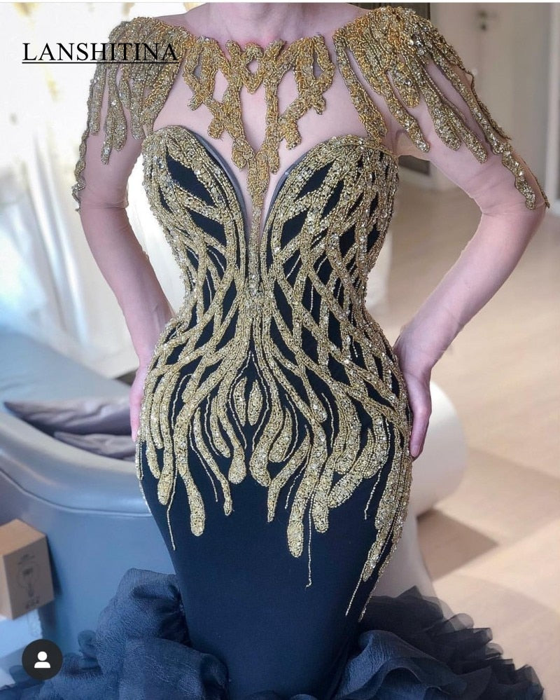 Black Long Sleeves Mermaid Evening Gowns Vintage Gold Beaded Floor Length Formal Modest Party Dresses 2019 Pageant Dress