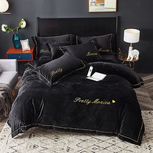 Gray Black Luxury Fleece Fabric Bedding Sets Queen King Size