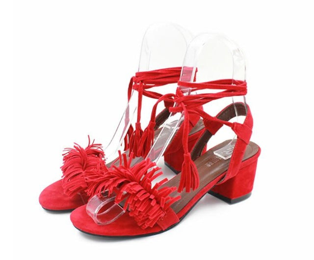 red tassel sandals