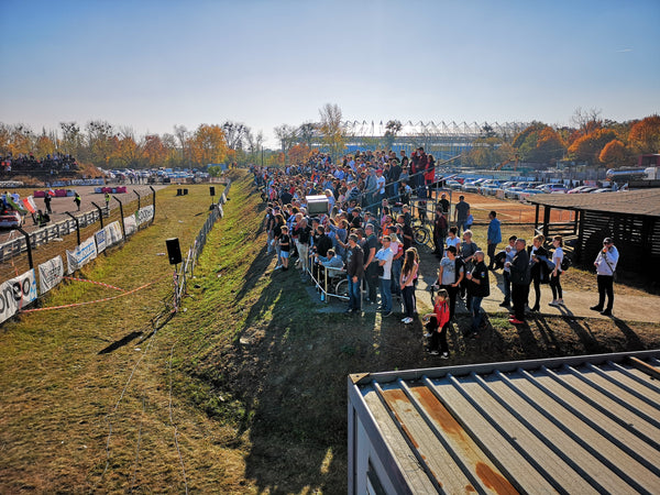 Crowds and spectators on stands at Rallycross event in Torun Poland