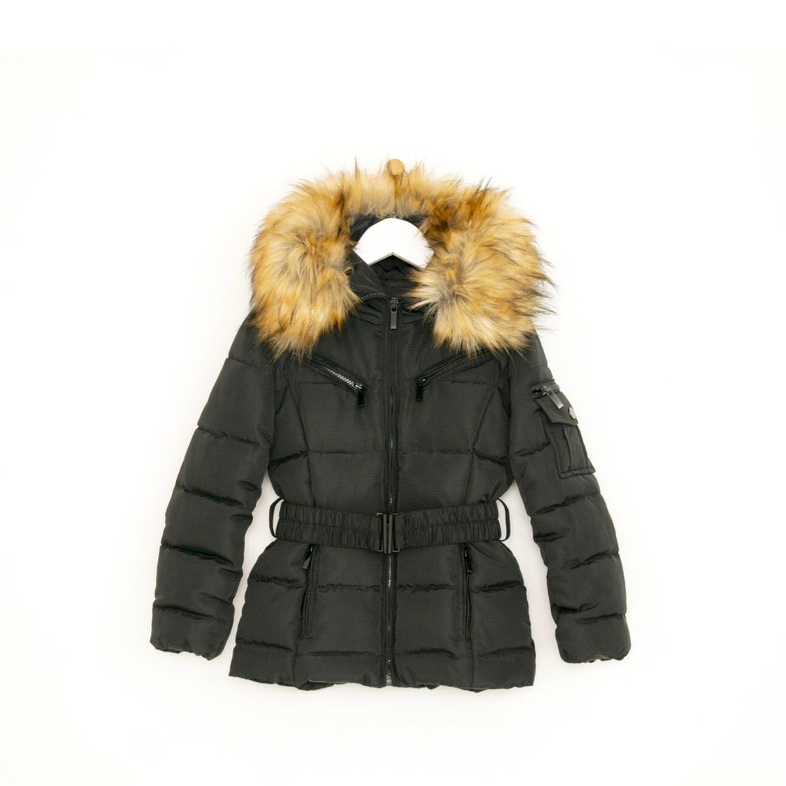 belted coat with fur hood
