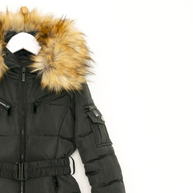 black winter coat with black fur hood