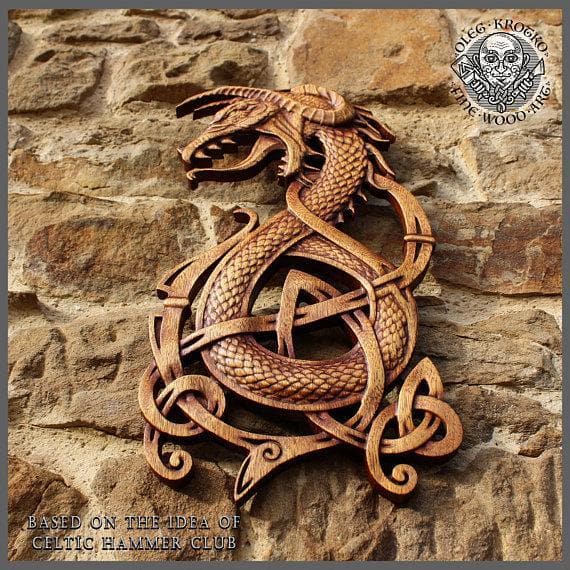Fenrir Wolf Norse Dragon Fine Wood Carving - Ancient Treasures