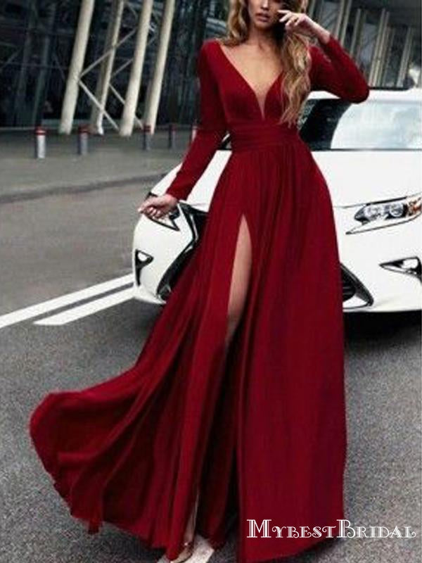 red v neck prom dress