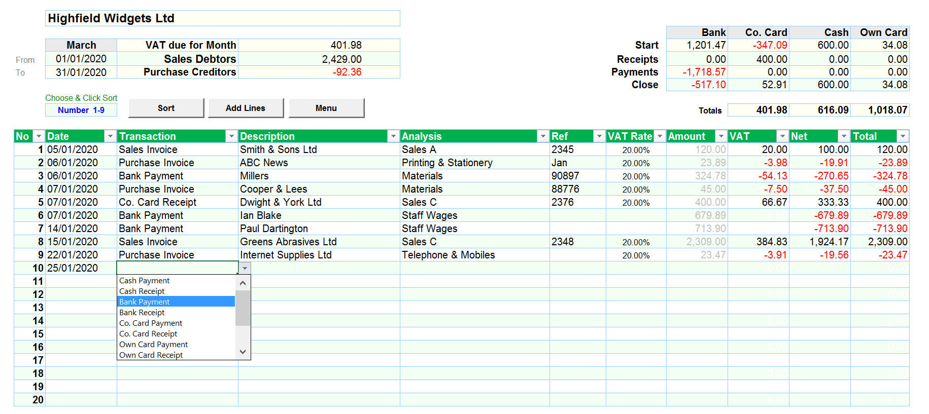 Accounting Spreadsheet with Payments