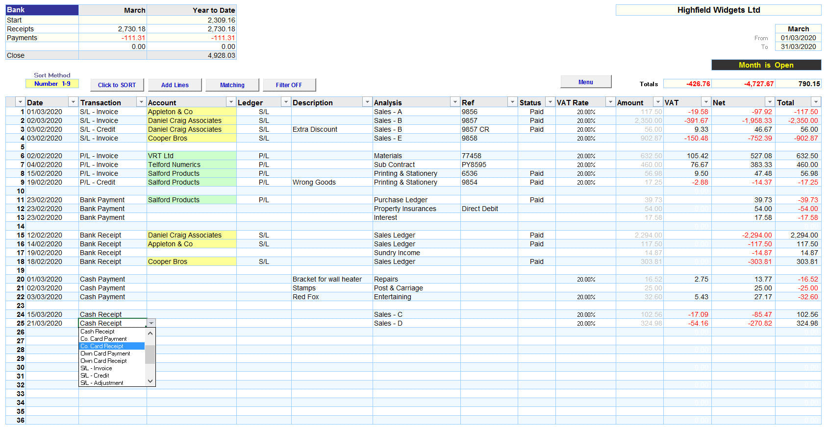 Excel Accounting Spreadsheet Template with Payments