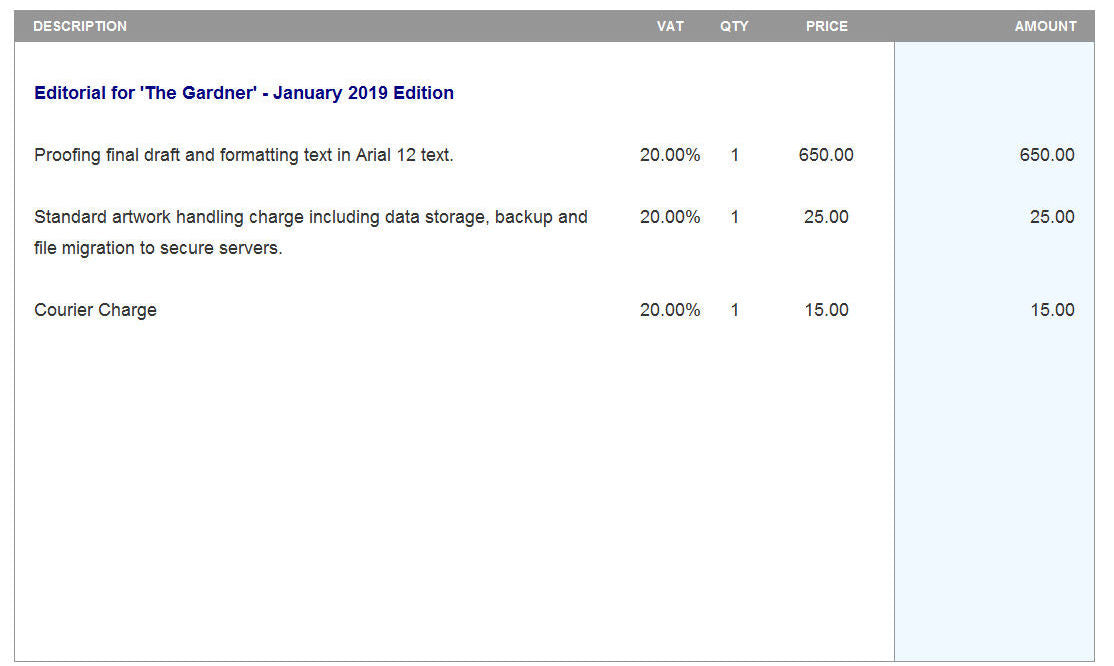 Invoice Spreadsheet product lines