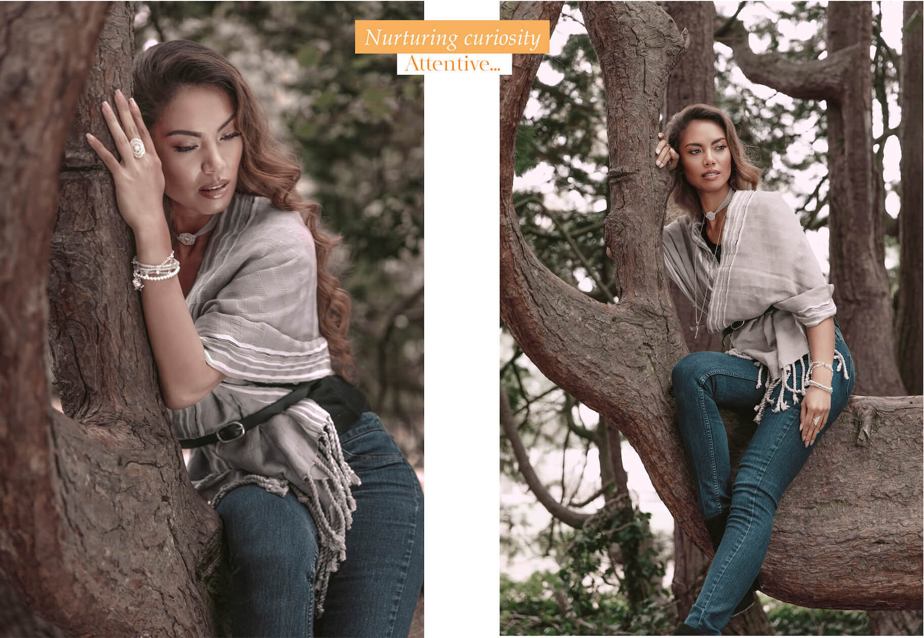 Relaxed lady being curious wearing Táabal Grey Shawl by 32 Estadps