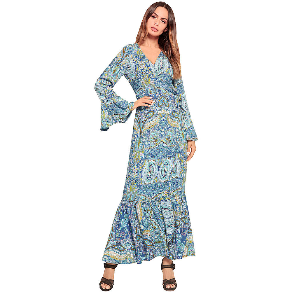 v neck long sleeve printed split casual dress