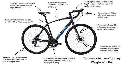 Shimano Claris Adventure Bike with Disc Brakes Extra Wide Tires Perfect for Road Or Dirt Trail Touring Red Tommaso Sentiero Gravel Bike Matte Black 