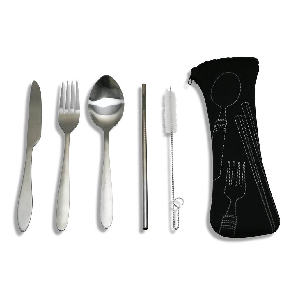 Intentionally Sustainable Ltd Travel and Takeaway Reusable Cutlery Set with FREE Bonus Straw Black