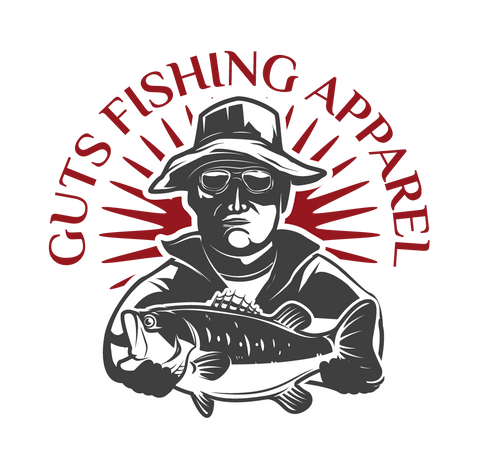Guts Fishing Apparel Logo. Fisherman holding fish wearing fishing hat and jacket.