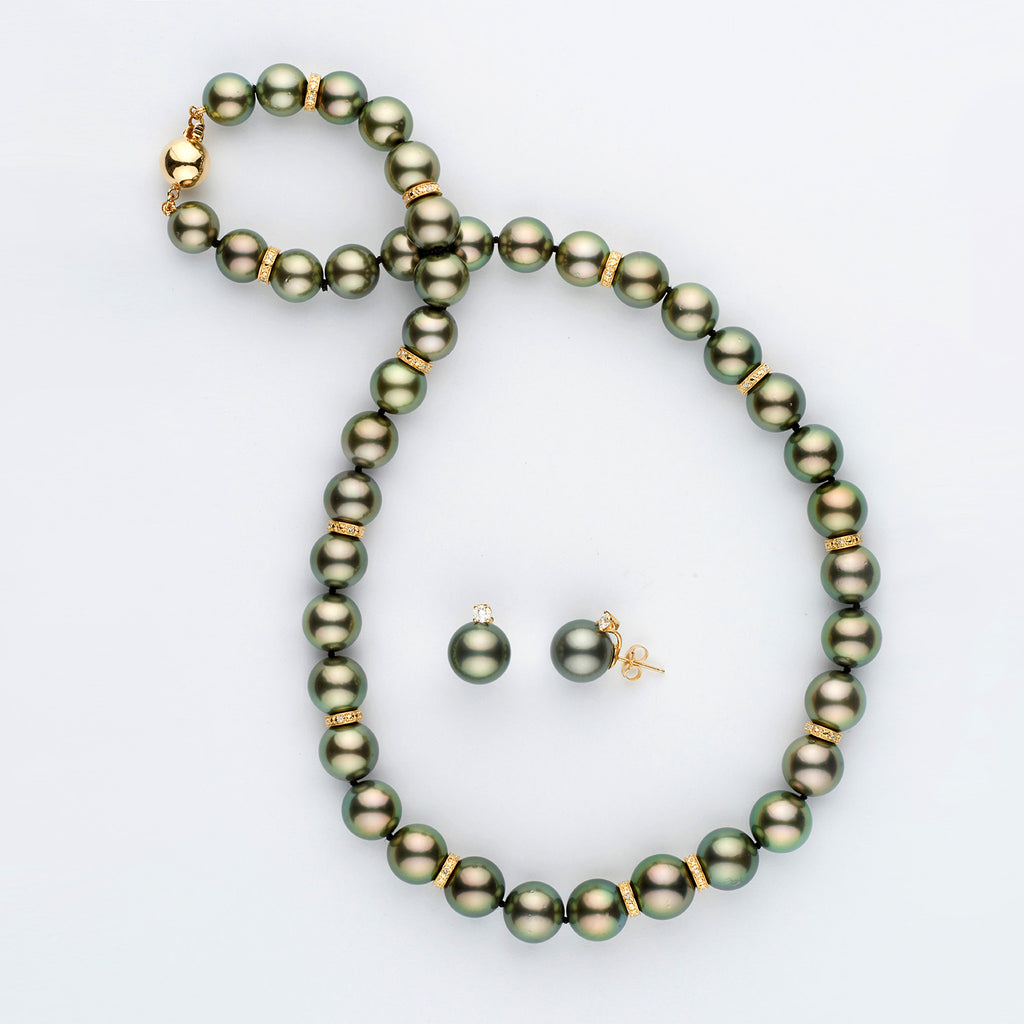 Tahitian Pearl Necklace and Earring Set with Diamonds 