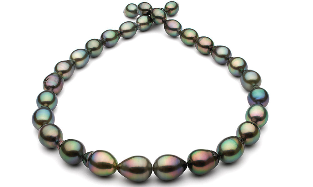 TAH-1210-PURE is an Intense Peacock-Colored Smooth Drop Tahitian Pearl Necklace