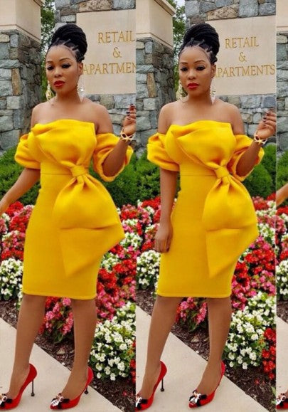 yellow off shoulder midi dress