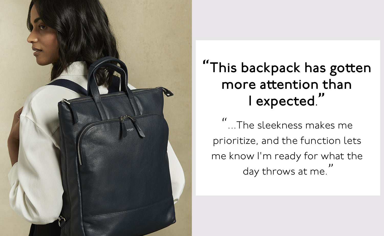 KNOMO London Harewood 15" Dark Navy Blazer Women's Tote Backpack Model Wearing Bag As Backpack