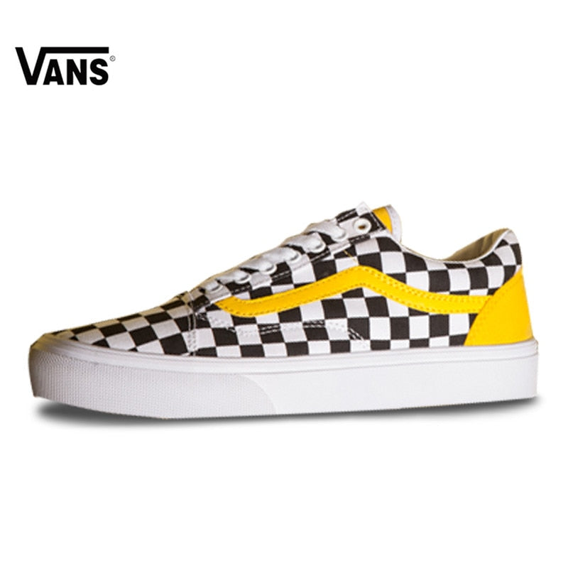 old skool checkerboard vans yellow