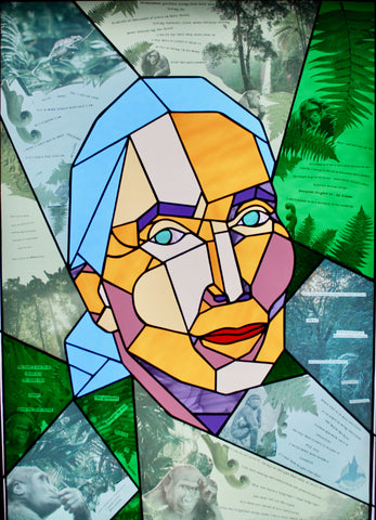 Dr Jane Goodall, Stained glass, Dublin, Ireland, WildBird Studio, Gorrilla, Chimpanzee, Chimps, Monkeys, 