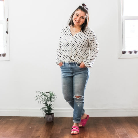 long sleeve polka dot button front top