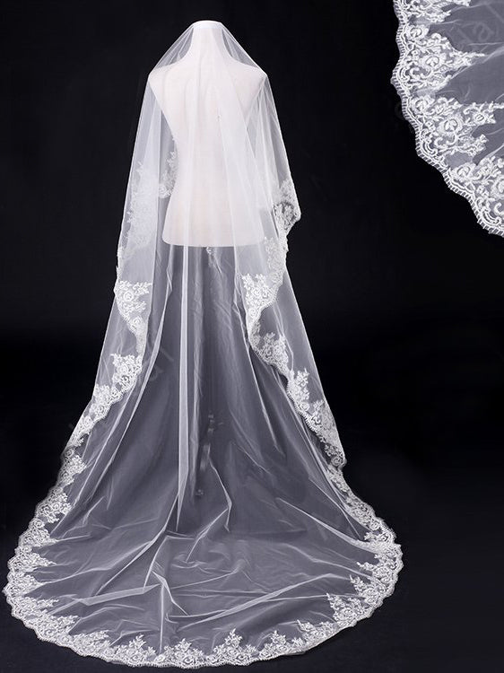 300 cm tulle one tier chapel train bridal veil with appliqued Va034