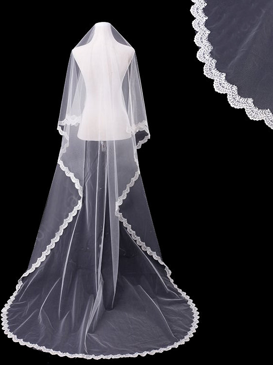 One tier sweep train bridal veil with lace applique edge Va014