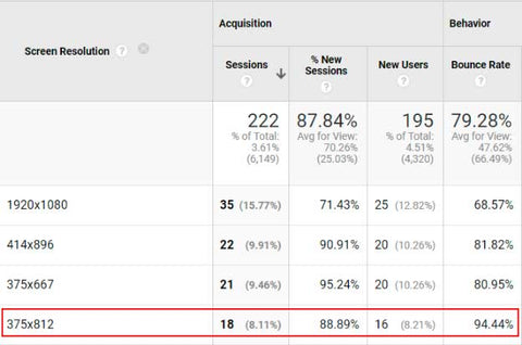 Google Analytics report - traffic by screen resolution