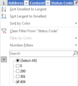Excel status code filter