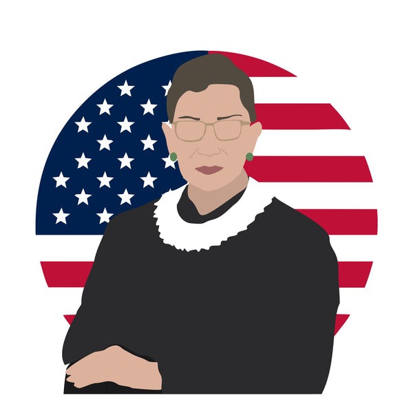 Ruth Bader Ginsberg (RBG) icon image. Pop culture. Minimal art. T-shirt, tote bag, poster and more. Gifts for fans of Ruth Bader Ginsberg, RBG.