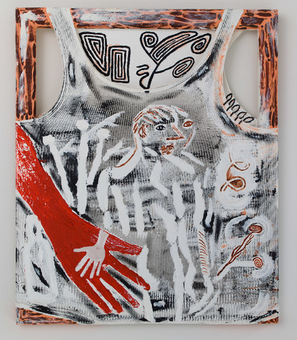 Frankie Phillips, Dirt Life, 2015. Oil and acrylic on stretched men's undergarment, 24 x 20 inches.