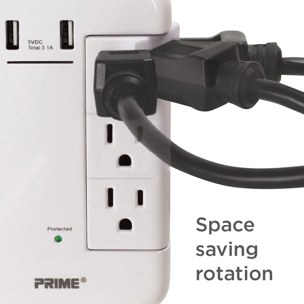 6 Outlet Surge Protector Power Wall Tap 1200J 3 Fixed//Rotating 2 USB Port 3.4A