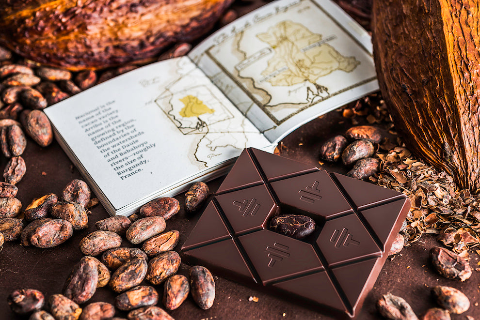 A picture of a bar of To’ak chocolate on a table, with cacao seeds scattered around it and a booklet with a map and information on the chocolate lying in the background.