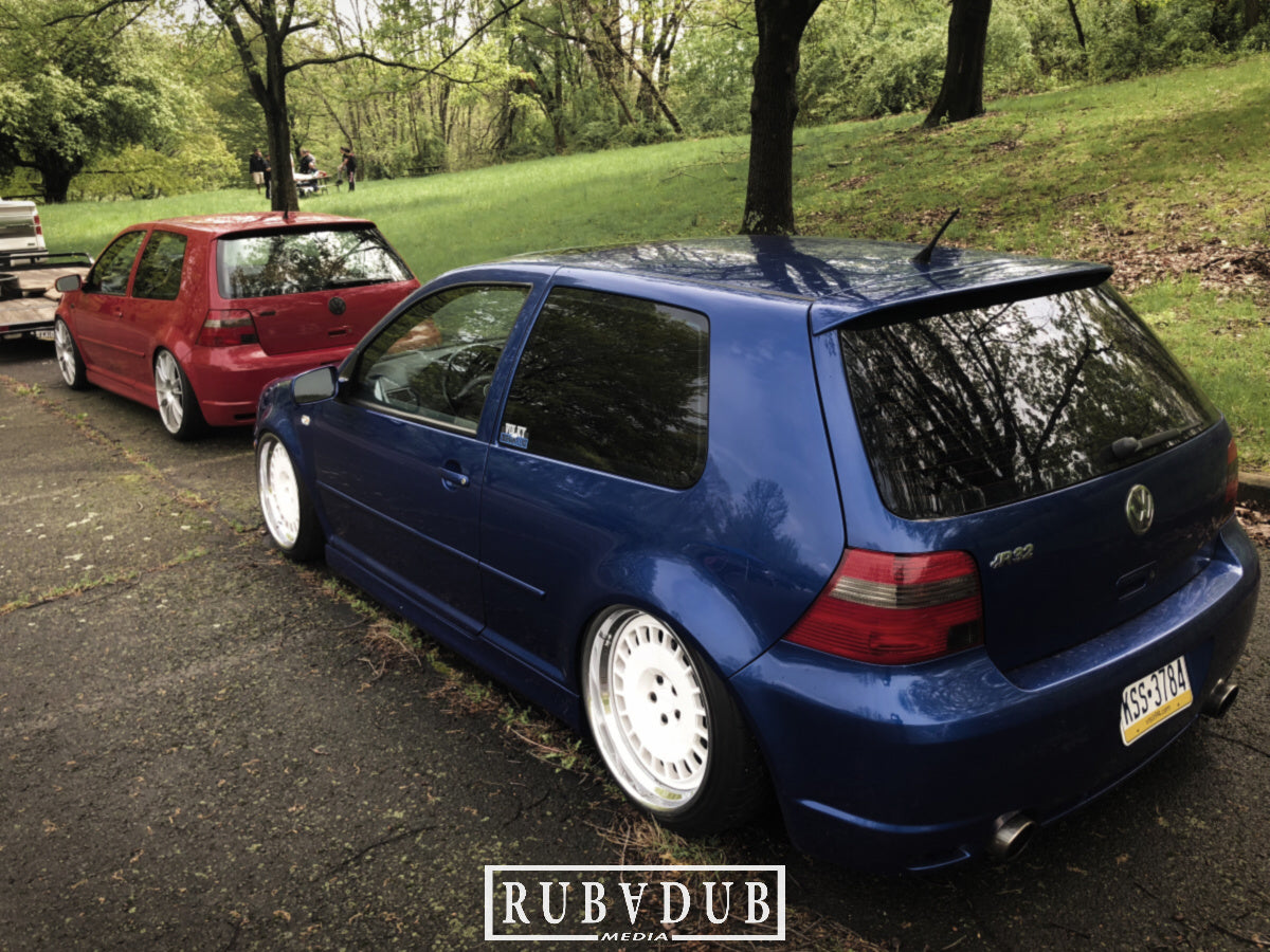 mk4 r32 bagged stance blue and red volky dismantlers