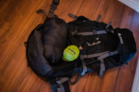 klymit with sleeping bag in backpack