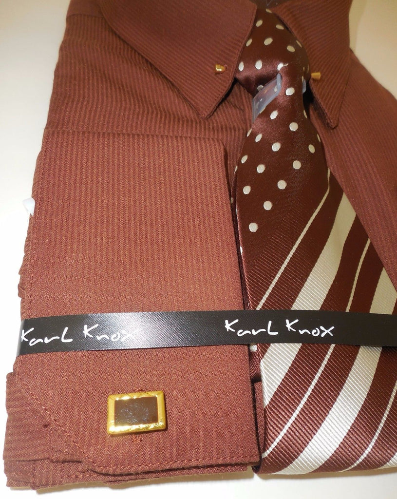 Mens Russet Brown Fancy Eyelet Collar Bar French Cuff Dress Shirt & Ti