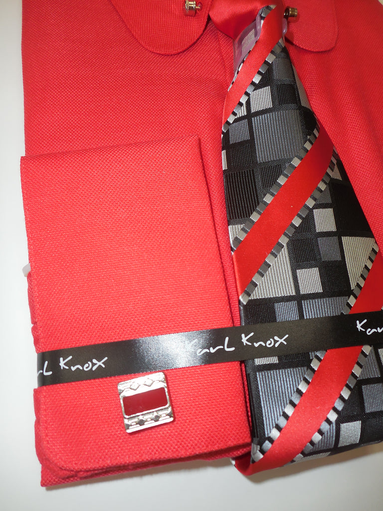 Tie Karl Knox 4393 Mens Bright Red Club Collar Pin Bar French Cuff Dress Shirt