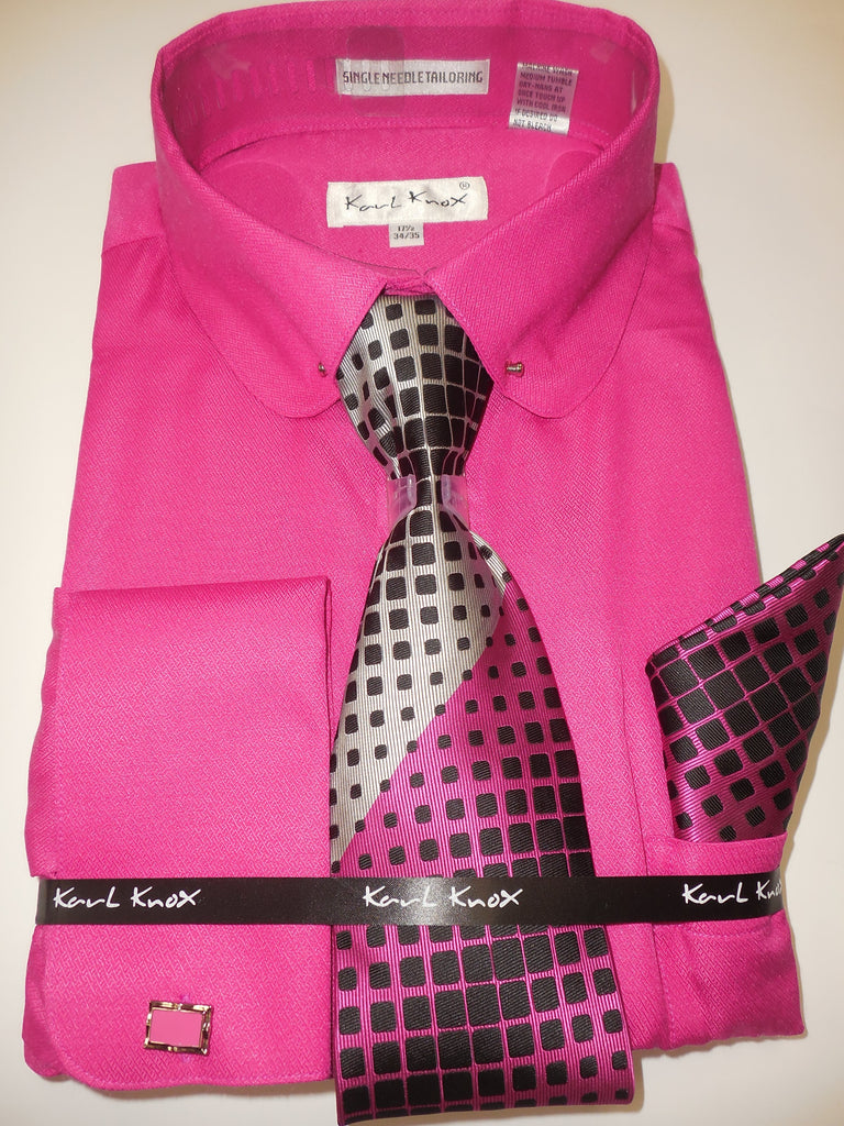 Mens Hot Pink Fuschia Club Collar + Pin Bar French Cuff Dress Shirt Ka