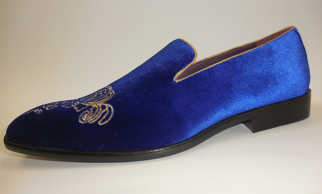 navy blue and gold loafers