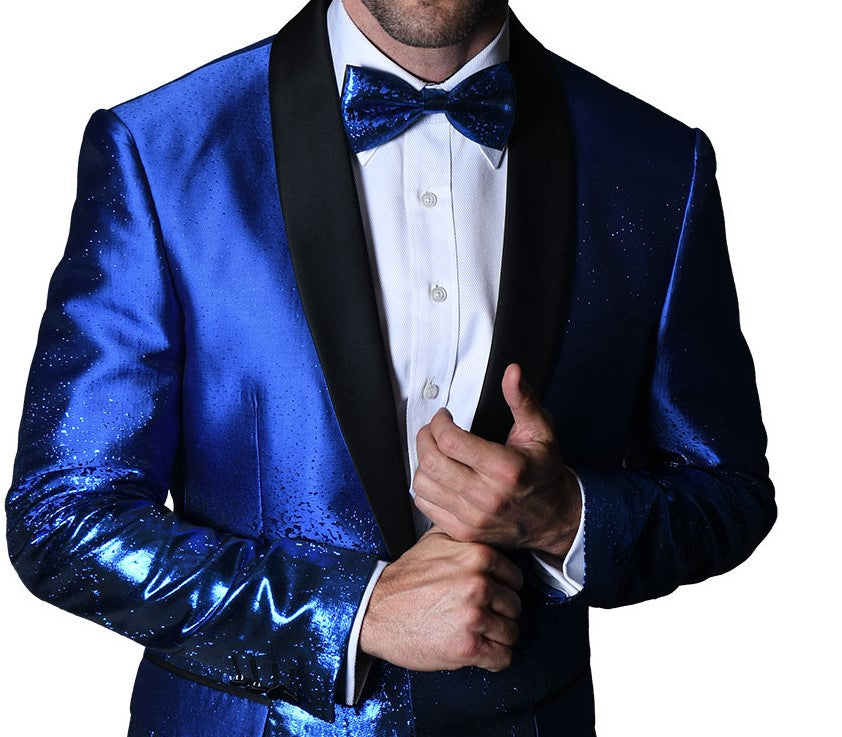 Mens Gorgeous Bright Blue Shimmer Show Formal Jacket Bow Tie Statement PJ111 