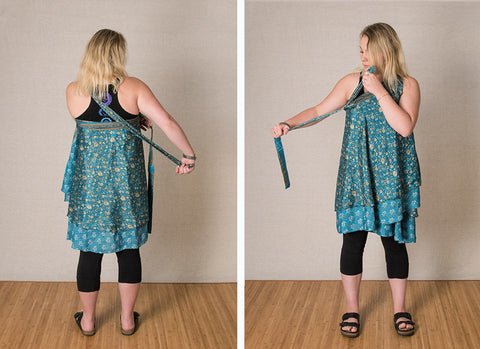 Step 3: Bring the strap over your shoulder and diagonally across your back down to meet the other strap under your arm, and tie there.