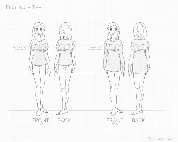 Womens Flounce Tee Sewing Pattern Line Drawing for Ellie and Mac Sewing Patterns