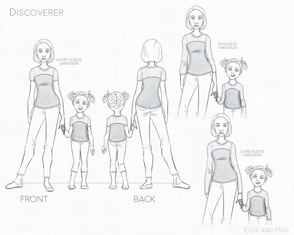 Discoverer Tee Sewing Pattern Line Drawing for Ellie and Mac
