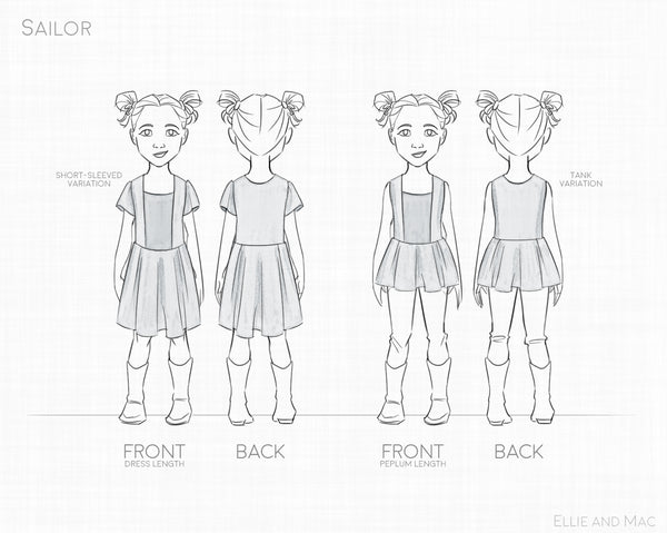Sailor Dress Sewing Pattern Line Drawing for Ellie and Mac Sewing Pattern 