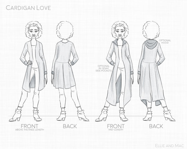 Cardigan Love Sewing Pattern Line Drawing for Ellie and Mac Sewing Patterns for Trendy Women