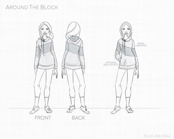 Around the Block Hoodie Pattern Line Drawing for Ellie and Mac Sewing Pattern