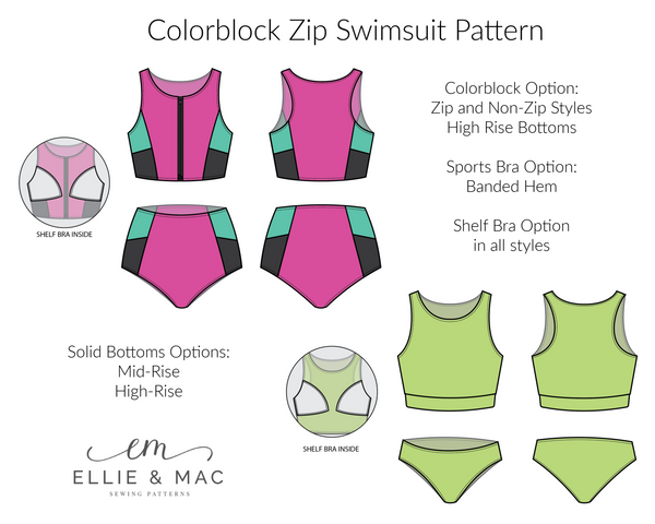 Colorblock Zip Swimsuit mix and match Sewing Pattern