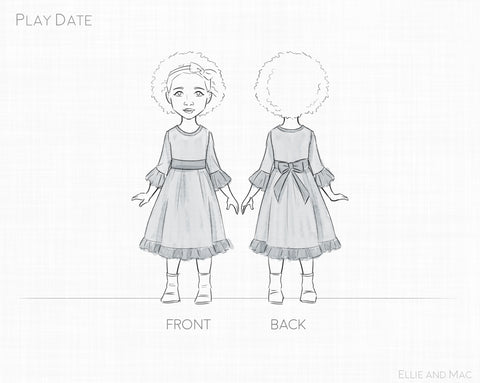 Play Date Girl's Dress Sewing Pattern Line Drawing for Ellie and Mac