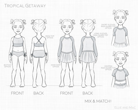 Tropical Getaway Swimsuit Sewing Pattern Line Drawing by Ellie and Mac