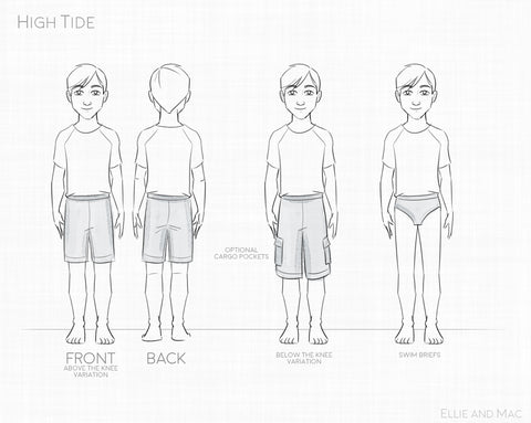 Boy's Sewing Pattern High Tide Board Shorts Line Drawing for Ellie and Mac Sewing Patterns