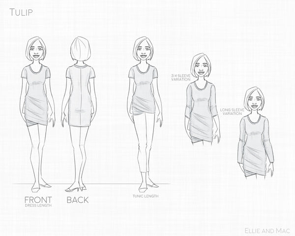 Womens Tulip Dress & Tunic Sewing Pattern Line Drawing for Ellie and Mac Patterns