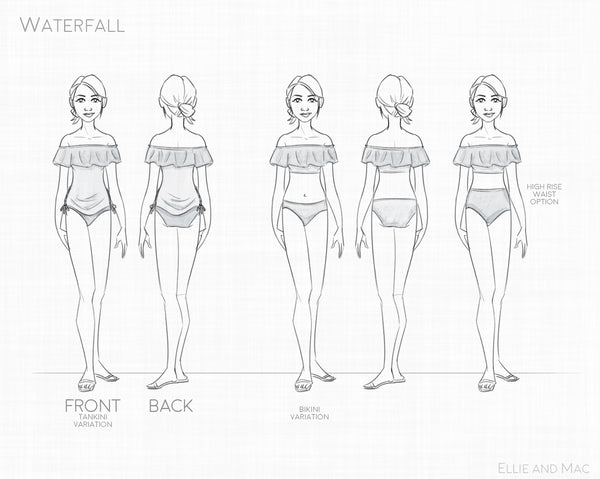 Women's Swim Pattern Waterfall Line Drawing for Ellie and Mac Sewing Patterns